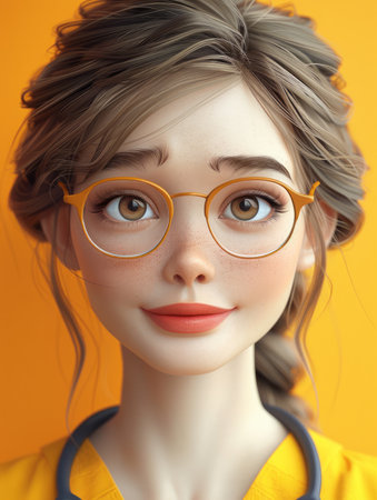 Smiling Young Female Medical Professional in Bright Yellow Scrubs and Glasses with a Stethoscope Against a Yellow Background AI Generativeの素材