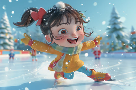 Joyful Winter Ice Skating Happy Child Gliding on Ice with Snowy Background, Festive Winter Wonderland Scene, Cheerful Kid in Colorful Outfit Enjoying Outdoor Activity in Winter Season AI Generativeの素材