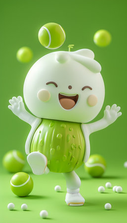 Joyful Green Cartoon Character Playing with Green Balls on a Vibrant Green Background in a Playful and Cheerful Scene AI Generativeの素材
