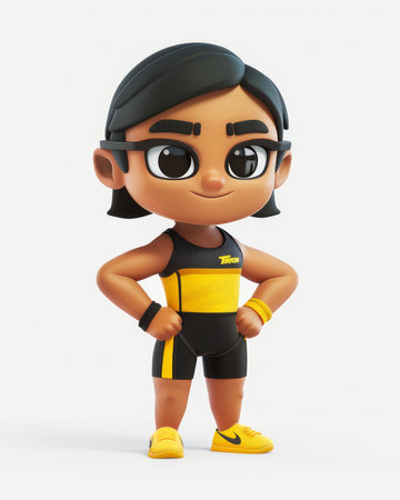 Cartoon Athlete with Black and Yellow Sportswear and Confident Pose Gym, Running, Training, Fitness Character AI Generativeの素材