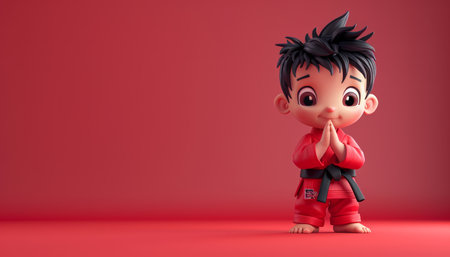 Cartoon Martial Arts Boy in Red Karate Uniform with Black Belt Standing on Red Background AI Generativeの素材