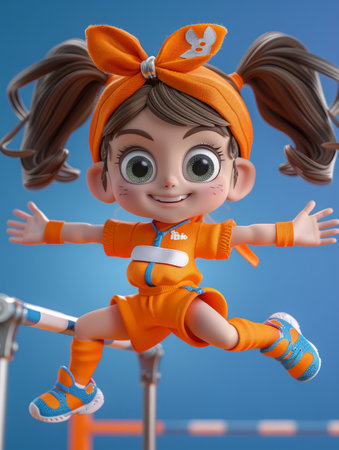 Energetic Cartoon Girl with Ponytails in Orange Sports Outfit Leaping Joyfully, Happy Animated Character, Blue Background AI Generativeの素材