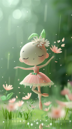 Graceful Whimsical Fairy Ballet Dancer in Flowering Forest with Soft Pastel Colors and Magical Atmosphere AI Generativeの素材