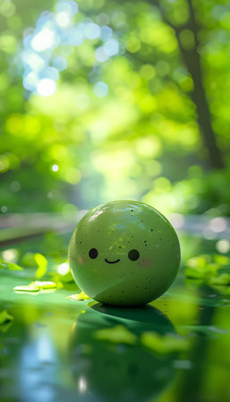 Adorable Smiling Green Ball in a Sunlit Forest Setting Cute and Whimsical Nature Photography for Cheerful Vibes and Serene Natural Backgrounds AI Generativeの素材