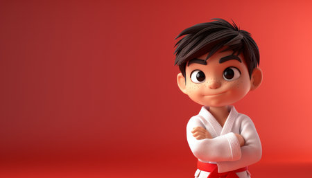 Young Martial Artist in White Karate Gi with Red Belt Standing Against Red Background AI Generativeの素材