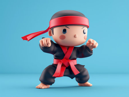 Cute Cartoon Martial Artist in Red Headband and Black Karate Outfit Striking a Fighting Pose on Blue Background, 3D Illustration of Chibi Style Martial Arts Character, Adorable Ninja or Karate Kid AI Generativeの素材
