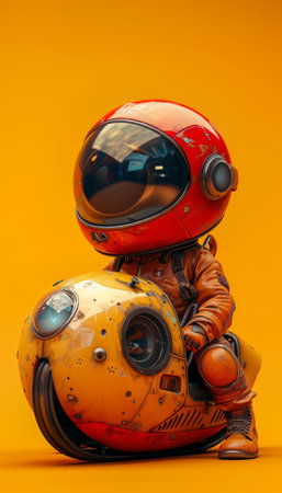 Retro Space Explorer in Orange Spacesuit Riding Futuristic Yellow Bike Against Vibrant Orange Background Sci Fi Art Illustration AI Generativeの素材