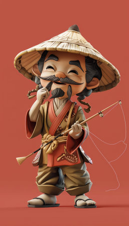 Adorable Cartoon Fishing Character in Traditional Asian Attire with Fishing Rod and Straw Hat on Red Background AI Generativeの素材
