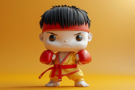 Cute and Fierce Pop Culture Figurine with Boxing Gloves, Playful Cartoon Character Toy on Yellow Background, Collectible Action Figure for Fans and Collectors in Red and Yellow Outfit AI Generativeの素材