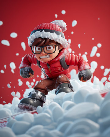 Enthusiastic Cartoon Character in Winter Gear Skiing Through Snow, Cute Kid Wearing Red Jacket and Glasses, Colorful Digital Art on Red Background AI Generativeの素材