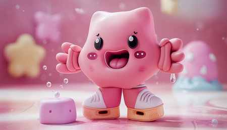 Adorable Pink Cartoon Character in a Whimsical Fantasy World with Stars and Clouds Cute and Happy Animation for Kids and Fun AI Generativeの素材