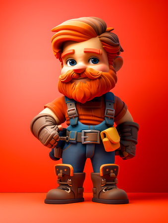 Charming Cartoon Lumberjack Character with Beard and Denim Overalls on Vibrant Orange Background 3D Rendered Illustration AI Generativeの素材