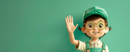 Charming 3D Character of Young Girl with Glasses and Green Hat Waving Hand Against Green Background Greeting Animation or Digital Art Inspiration AI Generativeの素材