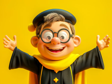 Cartoon Character Dressed in Black and Yellow Graduation Outfit with Glasses and Cap Celebrating against Yellow Background AI Generativeの素材