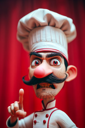 Animated Cartoon Chef with Big Mustache and Tall White Hat Pointing, Red Background, Colorful 3D Character Illustration, Joyful and Expressive Culinary Professional AI Generativeの素材