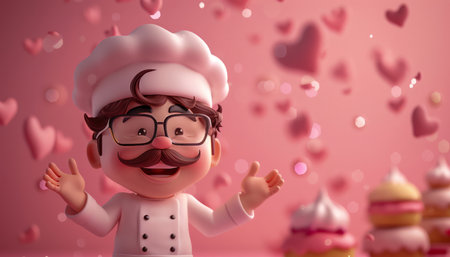 Cheerful Chef Surrounded by Floating Hearts and Delicious Pastries in Whimsical Kitchen Setting AI Generativeの素材