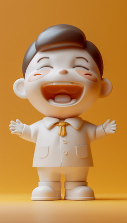 Joyful Child Figurine with Bright Smile Against Orange Background Cheerful Cartoon Character Art in Minimalist 3D Design AI Generativeの素材