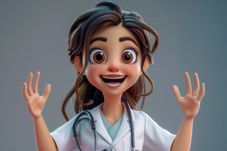 Cheerful Female Doctor Character with Stethoscope, Friendly Cartoon Medical Professional, Excited Animation, Smiling Healthcare Worker, Enthusiastic Animated Doctor with Hands Raised in Joy AI Generativeの素材