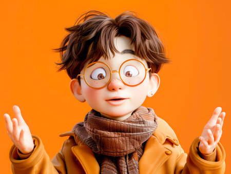 Young Boy in Glasses with Surprised Expression Animated Character Illustration on Bright Orange Background AI Generativeの素材