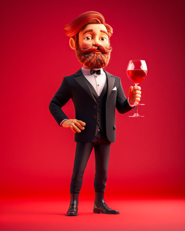 Stylish Man with Beard Holding Wine Glass in Hand, Dressed in Black Suit and Bowtie, Posing Confidently Against Vibrant Red Background AI Generativeの素材