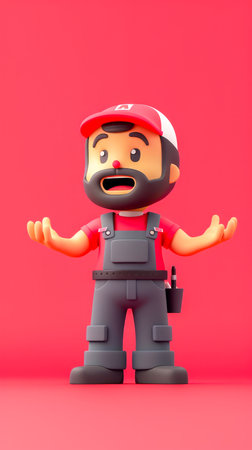 Friendly Cartoon Mechanic Character in Overalls with Red Cap and Beard Poses Enthusiastically on Vibrant Pink Background 3D Animated Style AI Generativeの素材