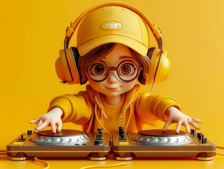 Cartoon DJ playing mixer console, cute character in yellow outfit, animated DJ with headphones, adorable DJ performing, digital illustration, vibrant colorful art, fun DJ animation, yellow background AI Generativeの素材