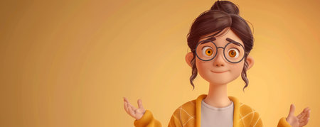 Animated Character with Glasses and a Yellow Jacket Against an Orange Background Posing with a Quizzical Expression AI Generativeの素材