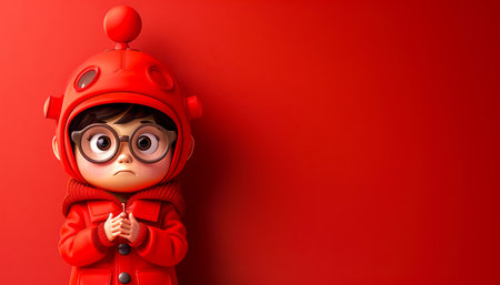 Cute Young Child in Red Spacesuit Costume with Glasses Against a Red Background, Adorable Cosplay, Imaginative Child, Fun Costume Play, Vibrant Color Theme, Red and Cute Character Portrait AI Generativeの素材
