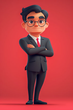 Cartoon Businessman in a Suit with Glasses and Crossed Arms on a Red Background AI Generativeの素材