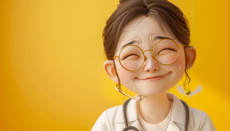 Smiling Female Doctor Cartoon on Yellow Background Cheerful Medical Professional Character with Glasses and Stethoscope Happy Healthcare Worker Illustration Positive Cartoon Mascot AI Generativeの素材