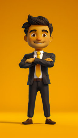 Animated Businessman Standing with Arms Crossed in Professional Attire Against Orange Background AI Generativeの素材
