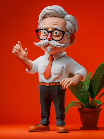Cartoon Elderly Man with Glasses and White Hair Pointing Beside Potted Plant on Red Background, 3D Illustration AI Generativeの素材