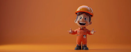 Enthusiastic Cartoon Construction Worker Character in Orange Uniform and Hard Hat on Vivid Orange Background with Outstretched Arms and Excited Expression AI Generativeの素材