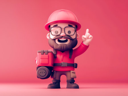 Cheerful Cartoon Construction Worker Figurine Wearing Red Helmet and Glasses with Tool Box on Pink Background AI Generativeの素材