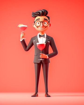 Cheerful Animated Character in Suit Holding Cocktail Glasses Vector Illustration of Stylish Cartoon Figure Against Vibrant Red Background, Celebrating with Drinks in Hand AI Generativeの素材