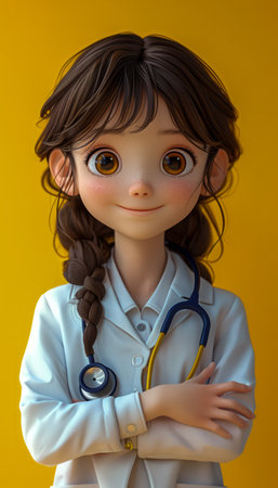 Charming Animated Female Doctor Character with Brown Hair, White Lab Coat, and Stethoscope Against a Yellow Background AI Generativeの素材