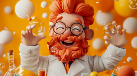 Cheerful Scientist with Red Hair and Glasses Surrounded by Bubbles in Laboratory Energetic Cartoon Character with Orange Background and Excited Pose AI Generativeの素材