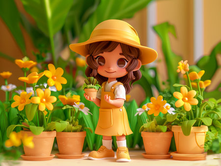 Cheerful Young Girl in Yellow Hat and Dress Holding a Potted Plant Surrounded by Vibrant Yellow Flowers in a Lush Garden AI Generativeの素材