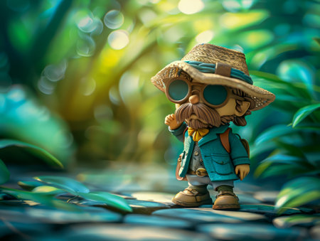 Adventurous Toy Explorer in Lush Forest A Miniature Figure with Hat and Sunglasses Amidst Green Foliage, Capturing the Essence of Adventure and Nature in a Playful Setting AI Generativeの素材