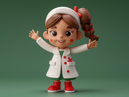 Adorable Toy Figure of a Little Girl with Brown Hair in Pigtails, Wearing a White Headband, White Jacket, and Green Dress with Red Boots, Expressing Joy with Open Arms on a Green Background AI Generativeの素材