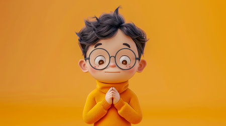 Animated Adorable Child Character with Glasses and Curly Hair in Yellow Sweater on Vibrant Orange Background 3D Illustration of Cute Cartoon Kid Positive and Cheerful Digital Art AI Generativeの素材