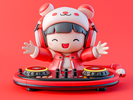 Cheerful Cartoon DJ Character Mixing Music with Headphones and Turntables in Vibrant Red Outfit on Red Background AI Generativeの素材