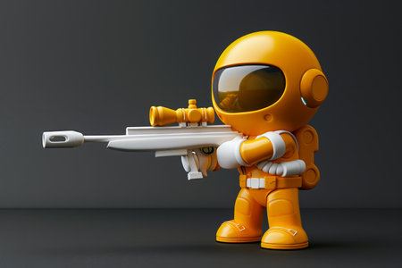 Futuristic Space Soldier Action Figure with Weapon Orange Astronaut Toy in Detailed Armor Holding Sniper Rifle Sci Fi Collectible Figurine on Dark Background for Fans and Enthusiasts AI Generativeの素材