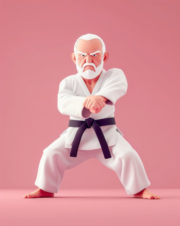 Elderly Martial Arts Sensei in Karategi Performing Stance on Pink Background Animated Old Man Karate Instructor Showcasing Traditional Martial Arts Pose in White Uniform and Black Belt AI Generativeの素材