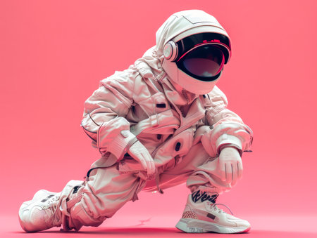 Futuristic Astronaut in Stylish Spacesuit on Pink Background, Kneeling Pose, High Tech Spacewear, Space Exploration, Modern Cosmonaut Aesthetic, Vibrant Space Art, Contemporary Sci Fi Imagery AI Generativeの素材