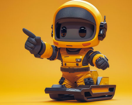 Adorable Cartoon Astronaut in Orange Spacesuit Pointing, Featuring a Cute Futuristic Robot Character in Vibrant Yellow and Orange Background, Perfect for Sci Fi and Space Themed Projects AI Generativeの素材