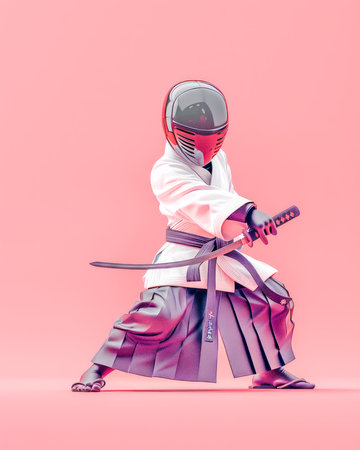 Dynamic Digital Art of a Samurai Warrior in Traditional Attire with Katana Sword Set Against a Minimalist Pink Background A Modern Take on Classic Japanese Culture and Martial Arts AI Generativeの素材