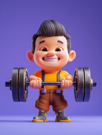 Cheerful Cartoon Boy Lifting Dumbbells in Bright Colorful Background Illustration 3D Render Fitness Enthusiasm Strength Training Motivational Youth Athletic Determined Persistent Energetic Fun AI Generativeの素材