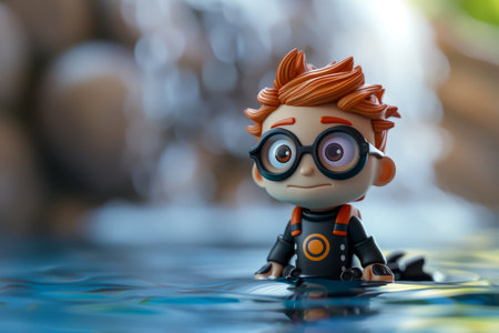 Charming Toy Character with Red Hair and Glasses in a Black Outfit Floating on Water in a Cute and Whimsical Setting AI Generativeの素材