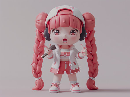 Adorable Chibi Anime Girl Figurine with Pink Braided Hair, Headphones, and Microphone Cute Collectible Toy AI Generativeの素材